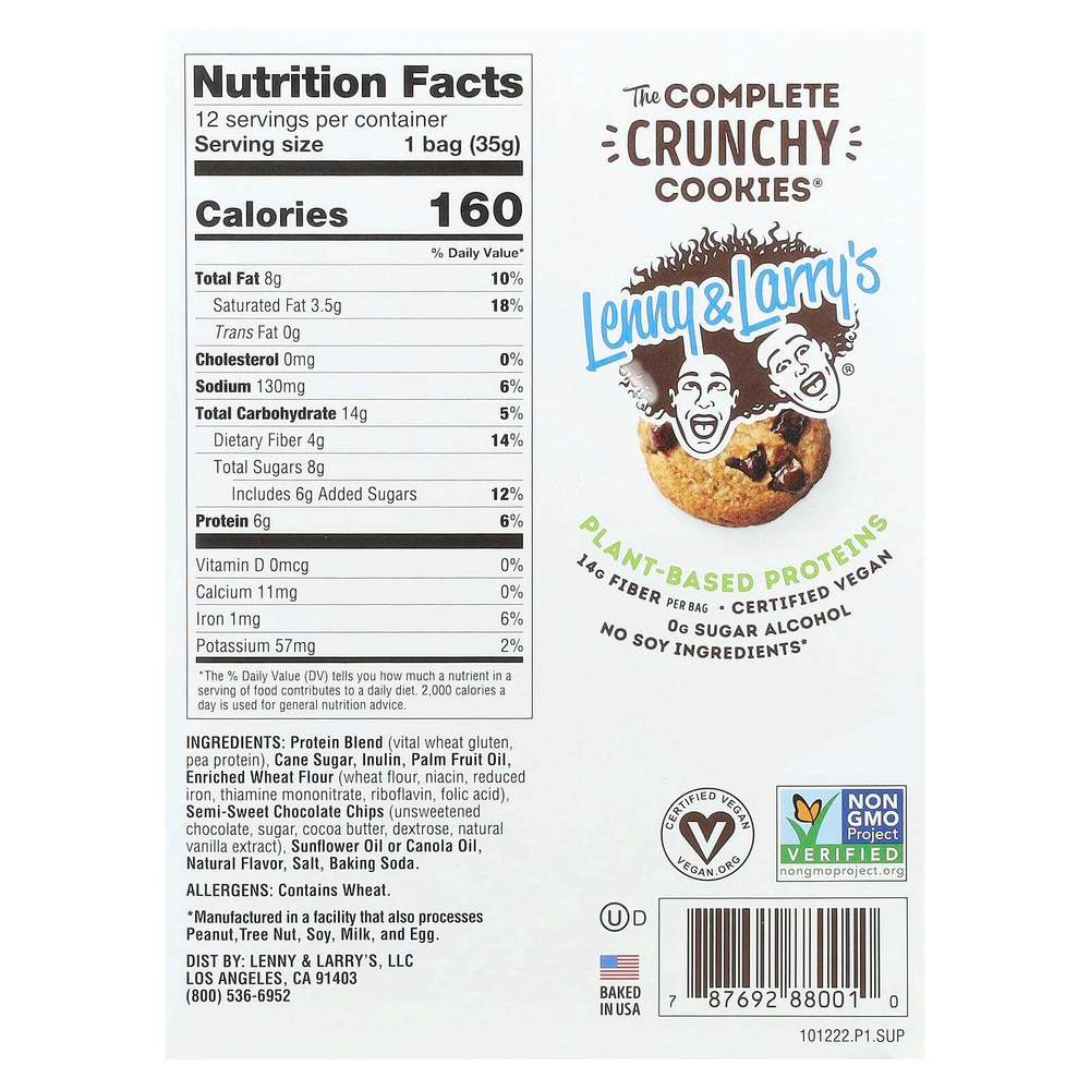 Lenny & Larry's, The Complete Crunchy Cookies®, шоколадная крошка, 12 пакетиков по 35 г (1,25 унции)