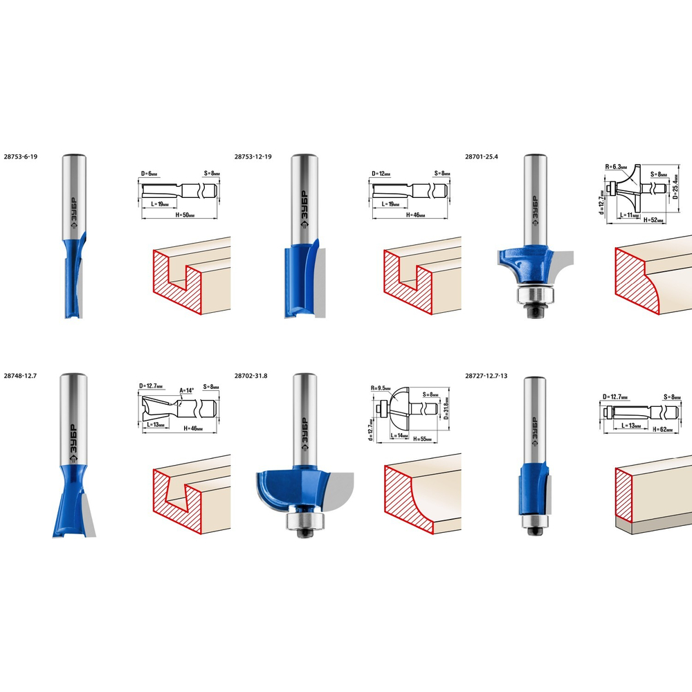 ЗУБР 6шт, набор профильных фрез по дереву