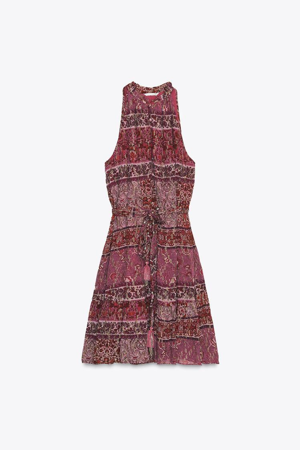 ZARA МИНИ-ПЛАТЬЕ В СТИЛЕ ПЭЧВОРК С ПРИНТОМ И ПОЯСОМ, ЦВЕТ ФУКСИИ