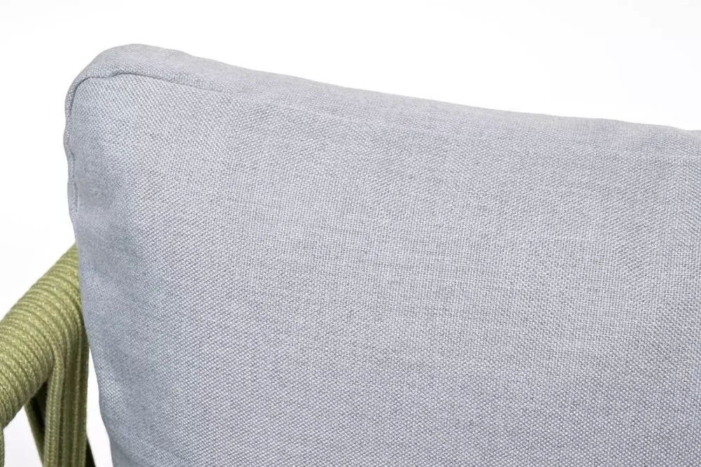 "Диего" диван 2-местный плетеный из роупа, каркас алюминий светло-серый (RAL7035) муар, роуп салатовый меланж круглый, ткань светло-серая