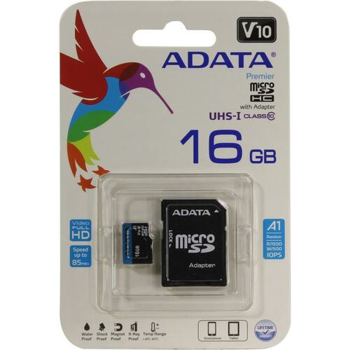 Карта памяти ADATA Premier &lt;AUSDH16GUICL10A1-RA1&gt; microSDHC Memory Card 16Gb A1 V10 UHS-I U1 + micro