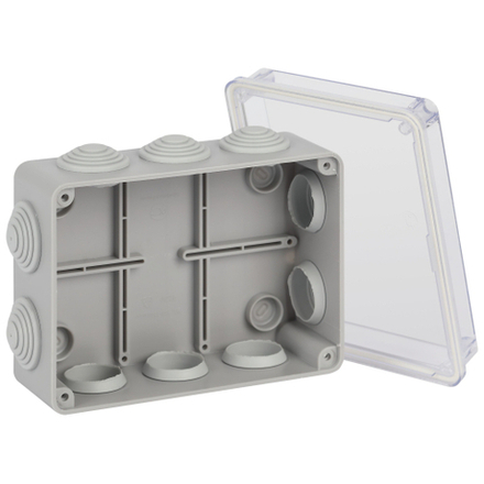 Распаячная коробка ЭРА KORvpk-150-110-70-10g ОП серая 150х110х70мм прозрачная крышка на винтах 10 гермовводов IP55