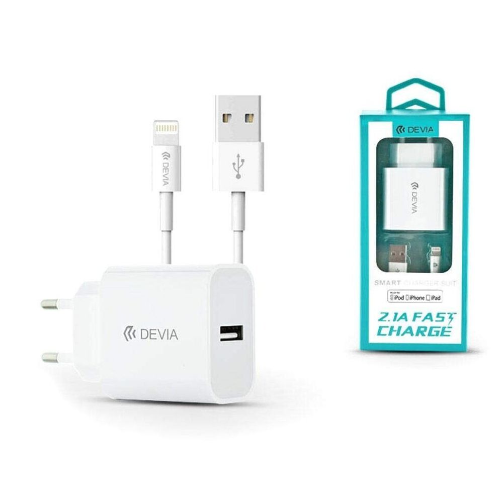 Набор сетевое зарядное устройство 2.1A с кабелем Devia Lightning Smart Charger Suit 10W, Белый