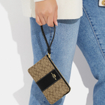 COACH Corner Zip Canvas With Leather Wrist Bag Clutch Small Women"s Khaki & Black