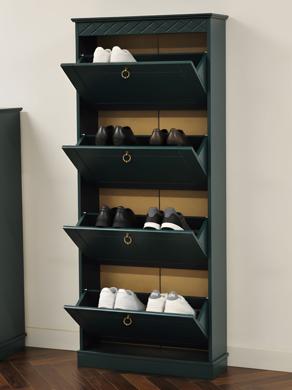 Обувница 66х22х158, Индра, закрытая, для прихожей, тумба для обуви, МДФ, зеленый изумрудный, Dipriz