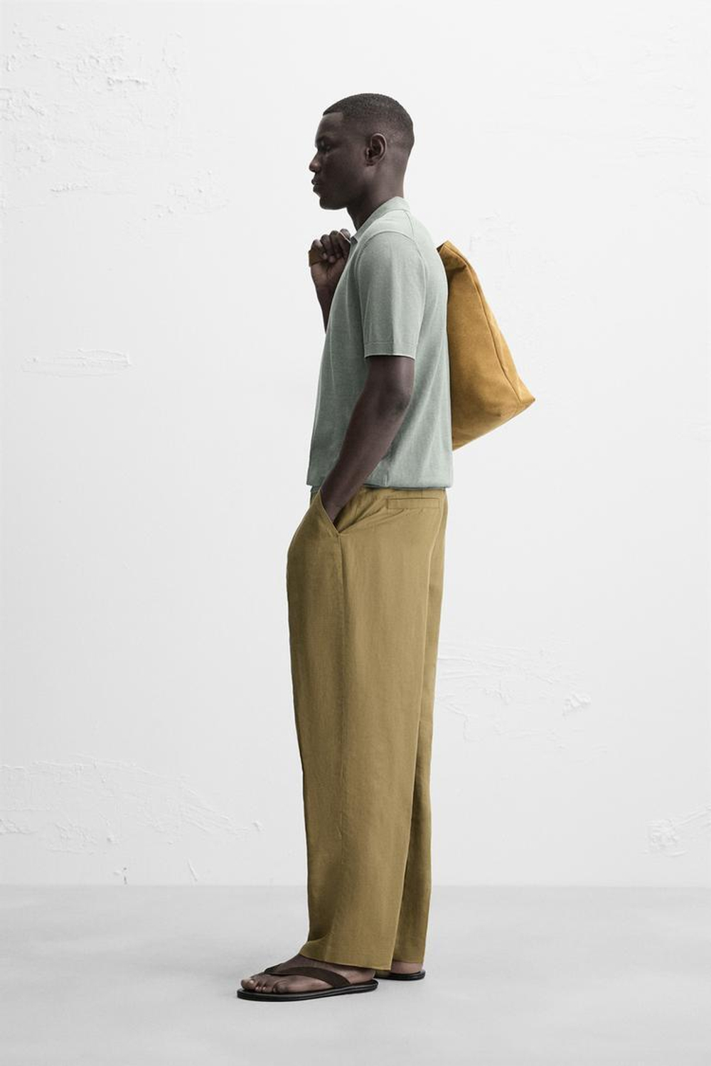 ZARA ПОЛО ИЗ ХЛОПКА И ШЕЛКА, ЛИНЯЛЫЙ ЗЕЛЕНЫЙ