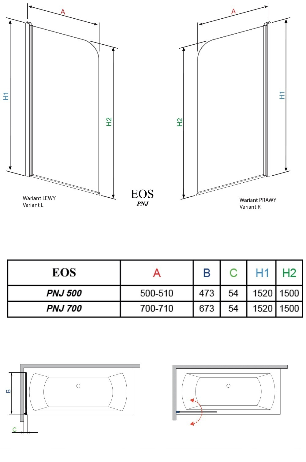 Шторка на ванну Radaway Eos PNJ 70x152 правая, крепится справа, профиль хром, стекло прозрачное 205101-101R схема