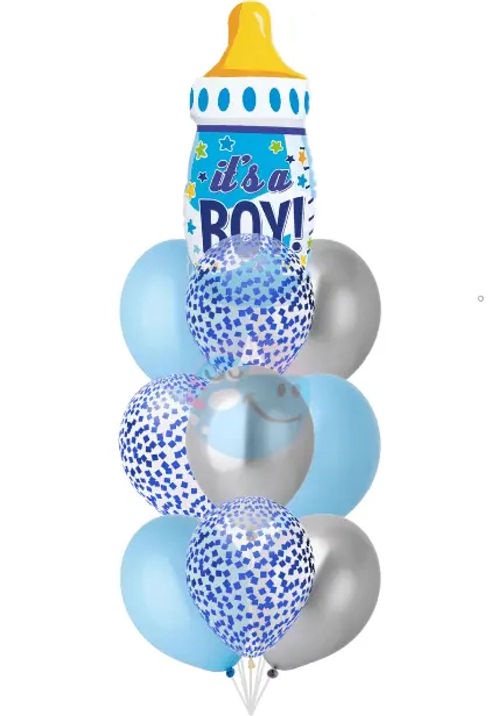 Фонтан на выписку для мальчика с бутылочкой из 10 воздушных шаров с гелием