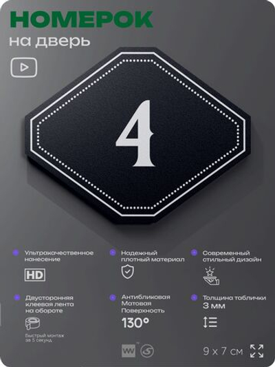 Номерок на дверь квартиры 4, для кабинета, офиса, шильдик 9 х 7 см, черный, Айдентика Технолоджи