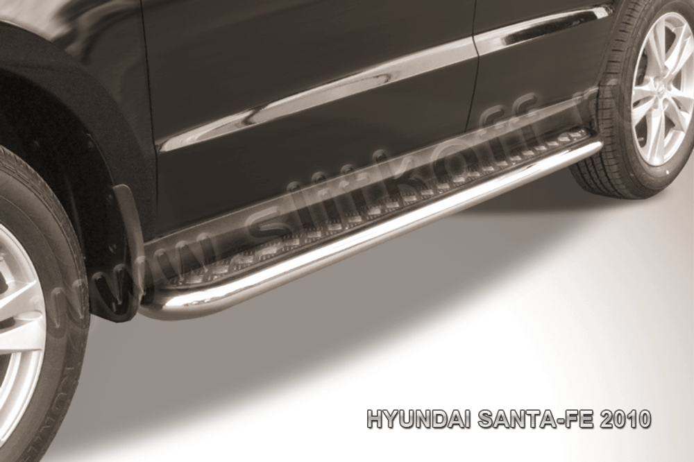 Пороги из нержавейки Hyundai Santa-Fe (2009-2012) d57 с алюминиевым листом (черный цвет)