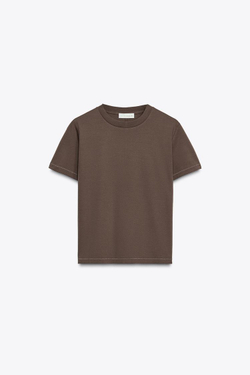 ZARA ФУТБОЛКА ИЗ МЕРСЕРИЗОВАННОГО ХЛОПКА, КОРИЧНЕВЫЙ