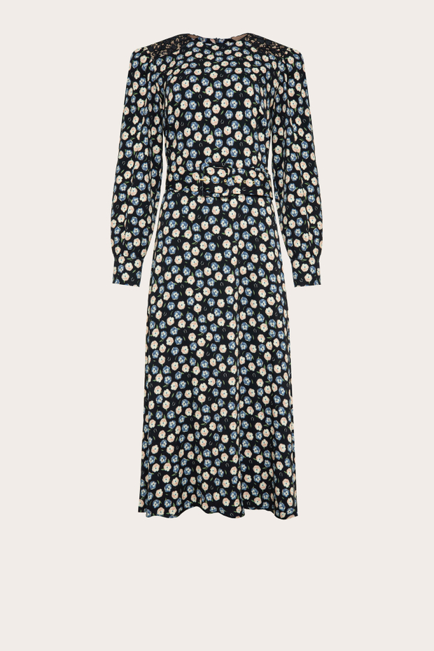 Черное платье-миди "Луиза" с синим цветочным принтом