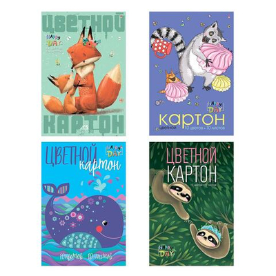 Картон цветной А4 10л. 10цв. в папке "Мультики" 4 вида (Альт)