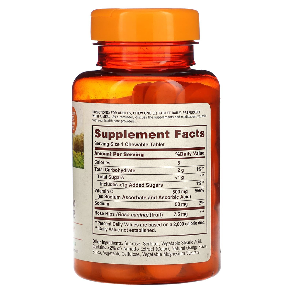 Sundown Naturals, Жевательный витамин C с натуральным шиповником, апельсин, 500 мг, 100 жевательных таблеток