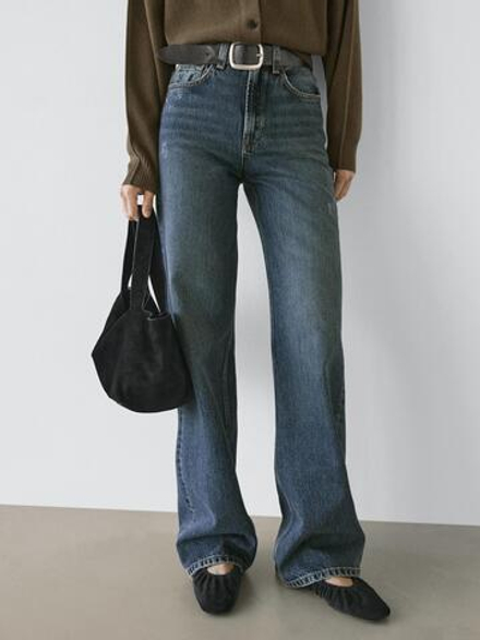Massimo Dutti Джинсы с высокой талией и широкими штанинами, средне-синий