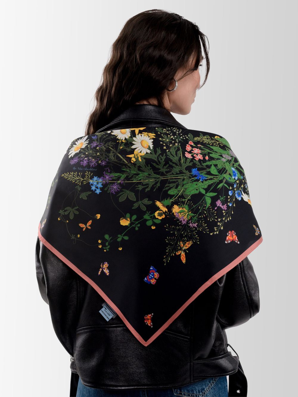 Платок «Русский полевой букет» чёрный 100% шёлк