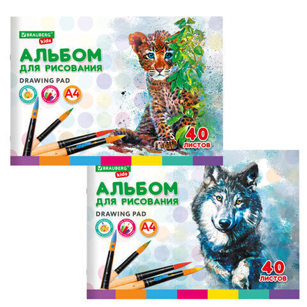 Альбом для рисования, А4, 40 листов, скоба, обложка картон, BRAUBERG KIDS, 200х285 мм, "Зверята" в ассортименте
