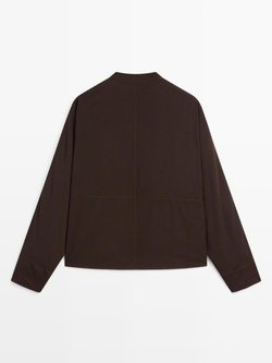 Massimo Dutti Рубашка с воротником-стойкой и декоративными швами спереди, коричневый