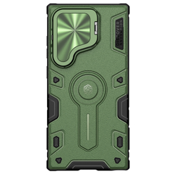Чехол зеленого цвета (Dark Green) от Nillkin на Samsung Galaxy S24 Ultra с откидной крышкой для камеры и и поддержкой беспроводной зарядки MagSafe, серия CamShield Armor Prop Magnetic