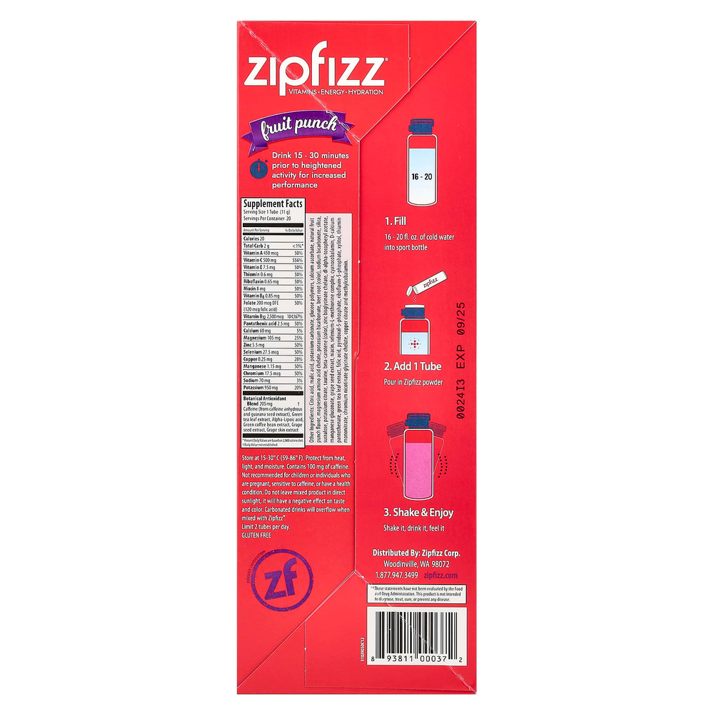 Zipfizz, Смесь для энергетических напитков, фруктовый пунш, 20 тюбиков по 11 г (0,39 унции)