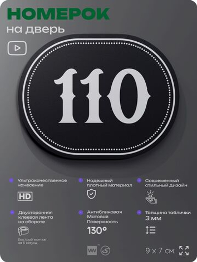 Номерок на дверь квартиры 110, для кабинета, офиса, шильдик 9 х 7 см, черный, Айдентика Технолоджи