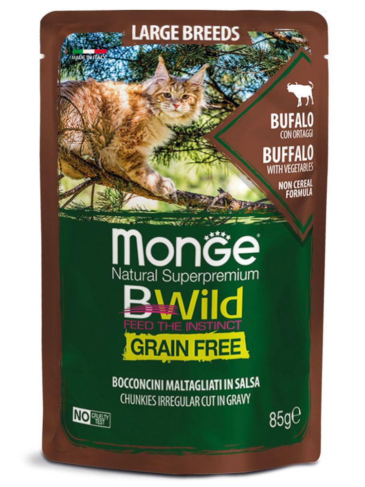 Влажный корм Monge Cat BWild GRAIN FREE для котят и кошек крупных пород, из мяса буйвола с овощами 85 г