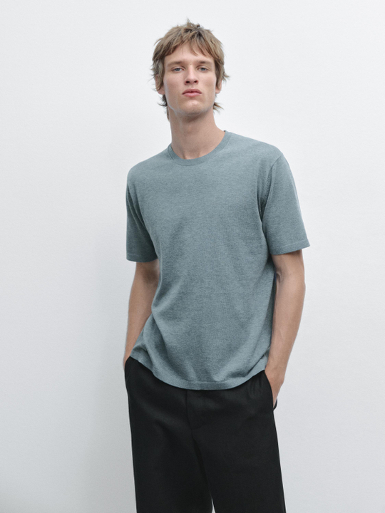 Massimo Dutti Хлопковая футболка с коротким рукавом, синий