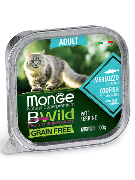 Monge Cat BWild GRAIN FREE беззерновые консервы из трески с овощами для взрослых кошек 100г