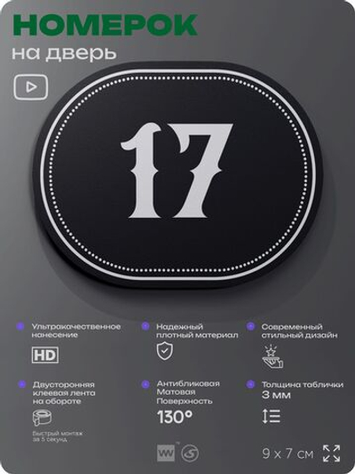 Номерок на дверь квартиры 17, для кабинета, офиса, шильдик 9 х 7 см, черный, Айдентика Технолоджи