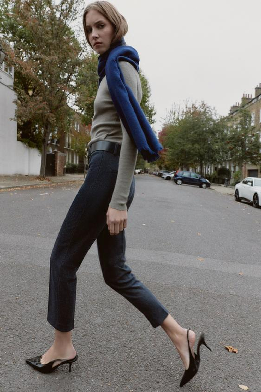 ZARA БРЮКИ В ЕЛОЧКУ С ПОЯСОМ, МОРСКОЙ СИНИЙ