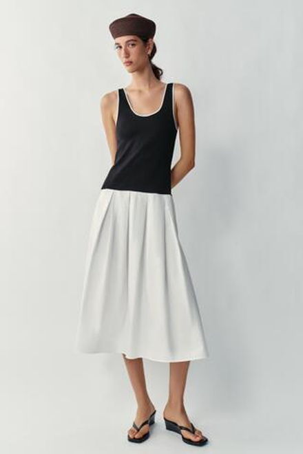 ZARA ПЛАТЬЕ МИДИ ИЗ КОМБИНИРОВАННОГО ПОПЛИНА, ЧЕРНЫЙ/БЕЛЫЙ