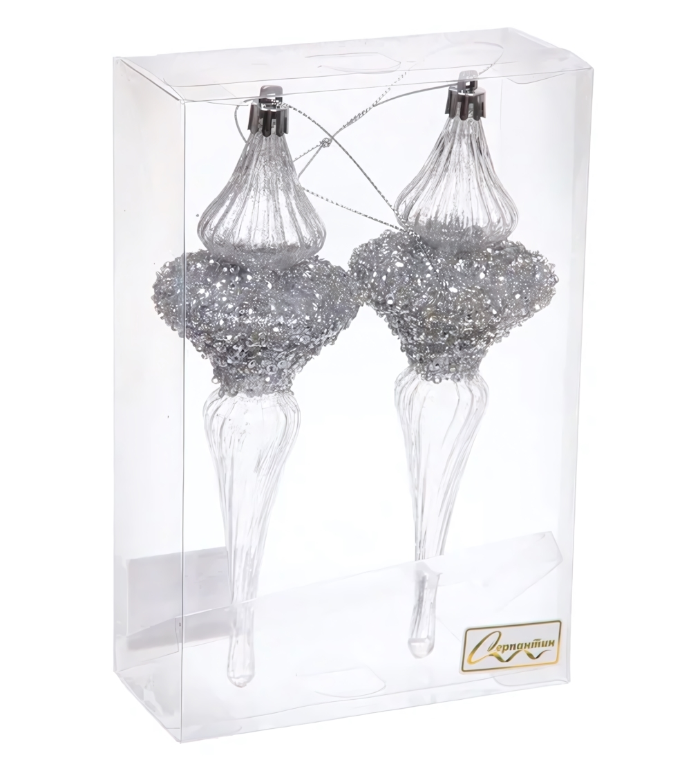 Елочные украшения "Сияние" 6*6*19.5 см (набор 2 шт), Серебро (Серпантин)