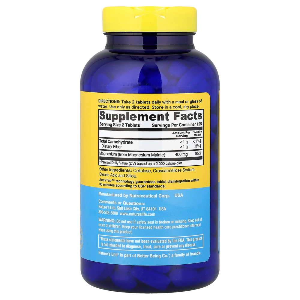Nature's Life, восстанавливающий малат магния, 250 таблеток (200 мг в 1 таблетке)