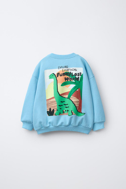 ZARA ТОЛСТОВКА С ПРИНТОМ «ДИНОЗАВР», ВЫЦВЕТШИЙ СИНИЙ