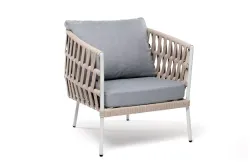 "Диего" кресло плетеное из роупа, каркас алюминий светло-серый (RAL7035) муар, роуп бежевый круглый, ткань светло-серая