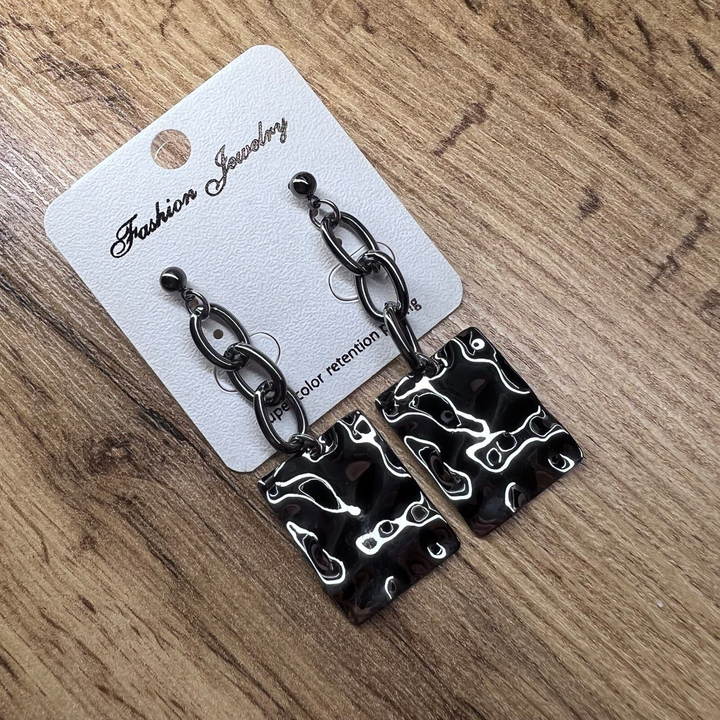 Серьги "Цепи" овальные 3 звена с подвеской прямоугольник металл графитовый