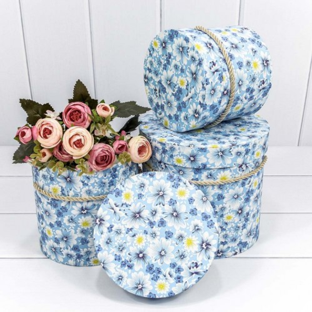 Коробка 18х17 см Набор 3 шт "Цветы на голубом фоне" (Голубой)