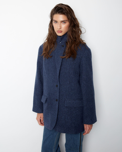 Пальто-жакет из шерсти елочка темно-синий