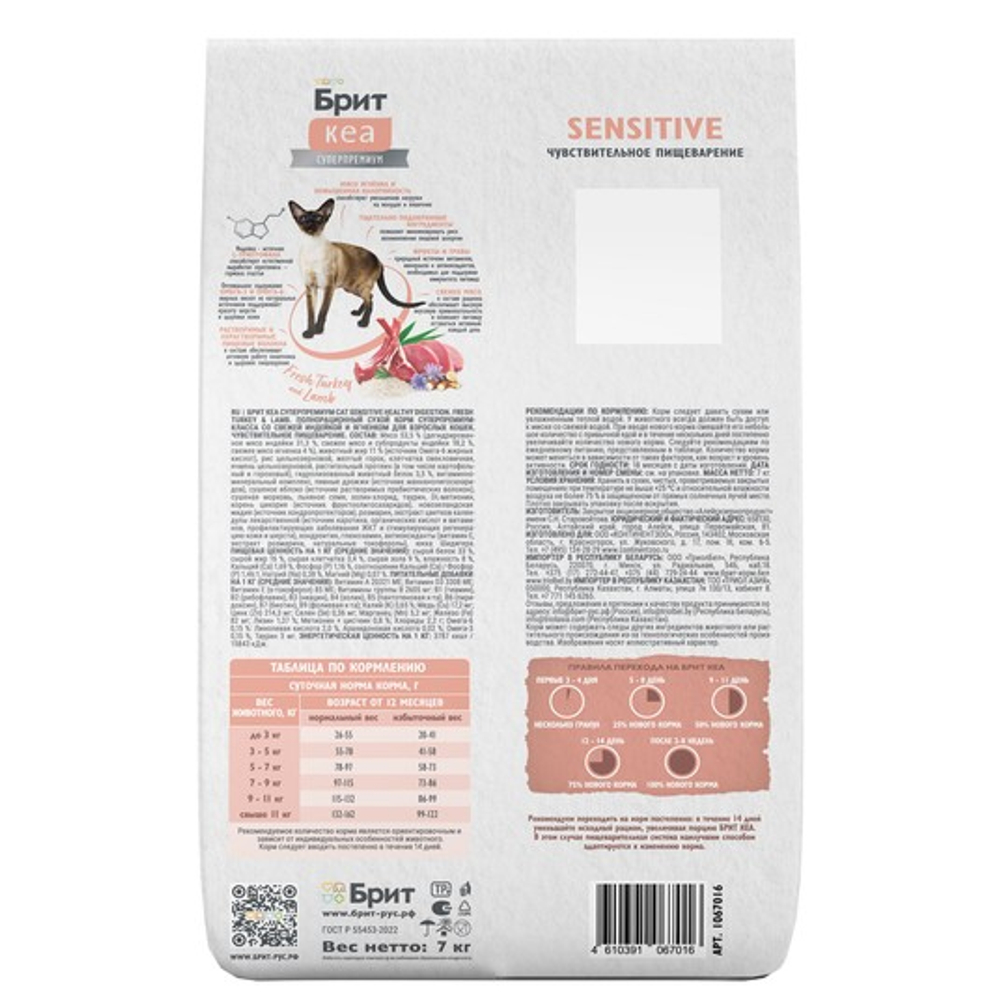 Сухой корм для взрослых кошек Брит BRIT CARE SENSITIVE HEALTHY DIGESTION с индейкой и ягненком 7кг
