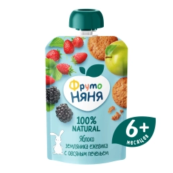 Фрутоняня пауч пюре из яблоко, земляника, ежевика с овсянным печеньем 90г с 6 месяцев
