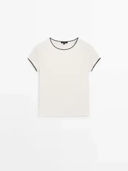Massimo Dutti Футболка с контрастной окантовкой, натуральный, кремовый