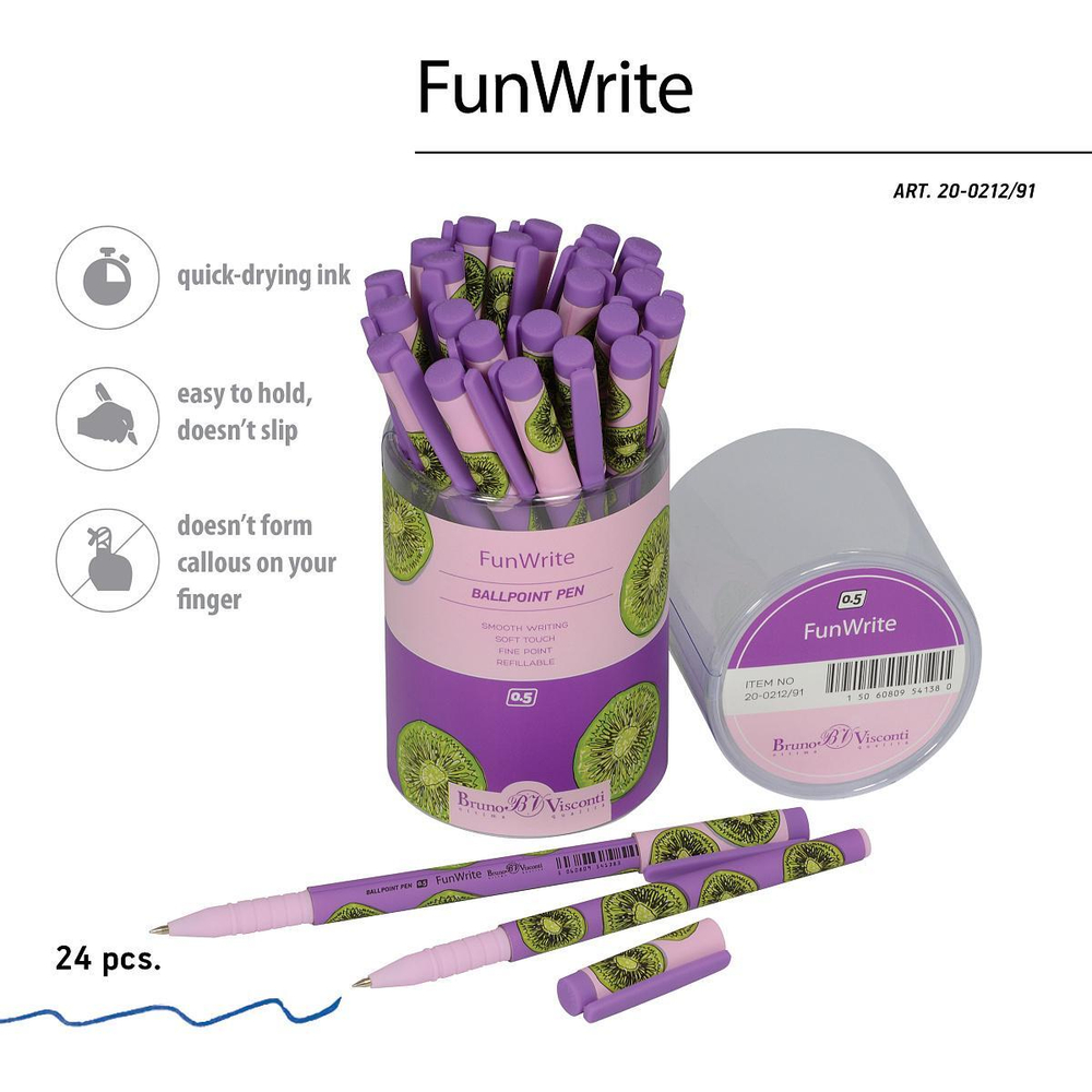 Ручка шариковая 0.5 мм, синяя "FunWrite. Fresh & fruiti. Киви" (Bruno Visconti)