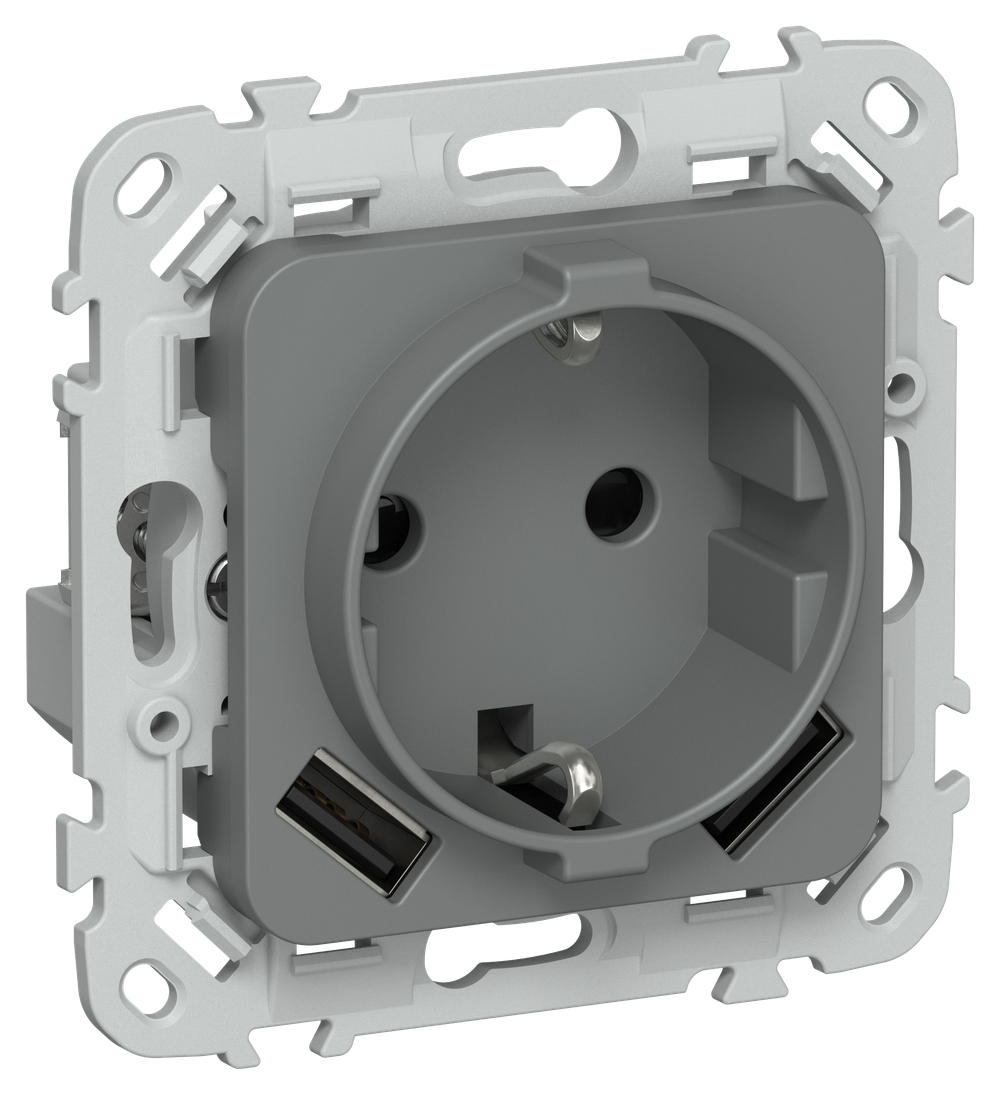 FLITE Розетка 1-местная с заземлением с защитными шторками 16А с USB A+A 3,1А РСЮша11-0-ФлМА мокрый асфальт IEK