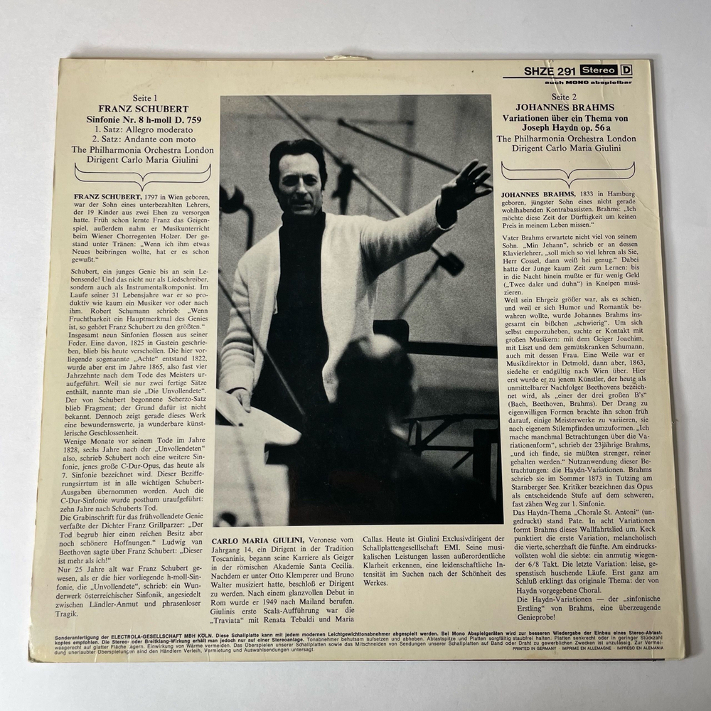 Винтажная виниловая пластинка LP Schubert Шуберт, Brahms Брамс, Carlo Maria Giulini, Unfinished Symphony / Variations On A Theme By Haydn (Германия 1972)