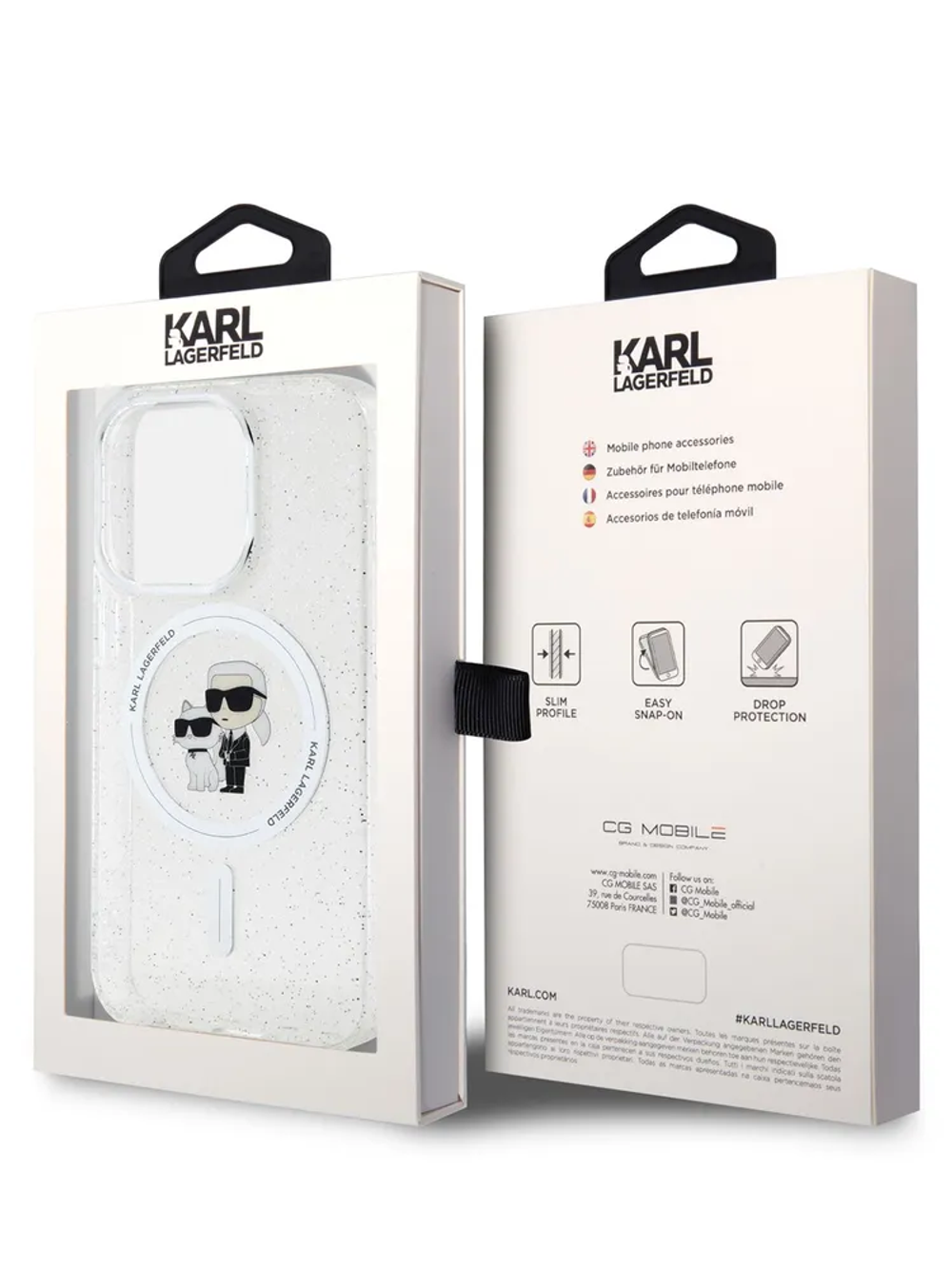Силиконовый чехол с блёстками MagSafe Карл и Кот на iPhone 15