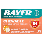Bayer, Жевательные таблетки с низкой дозой аспирина, апельсин, 81 мг, 36 таблеток