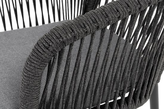 "Марсель" стул плетеный из роупа, каркас алюминий черный муар, роуп темно-серый круглый, ткань темно-серая 027