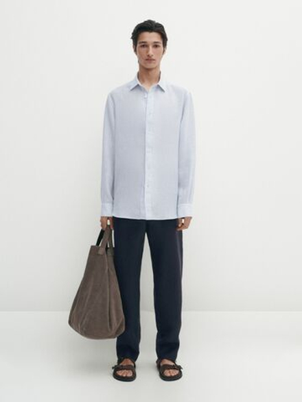 Massimo Dutti Рубашка из 100% льна в полоску, небесно-голубой