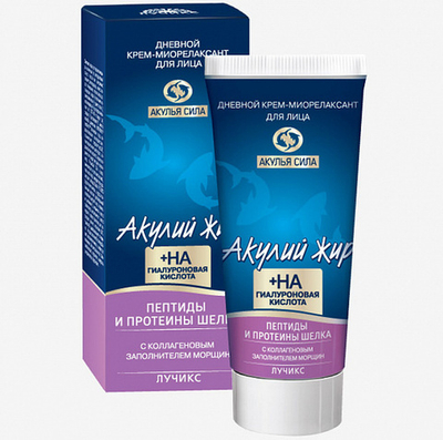 Гиалуроновый дневной крем-миорелаксант Акулий жир. Пептиды и протеины шелка, 50 мл