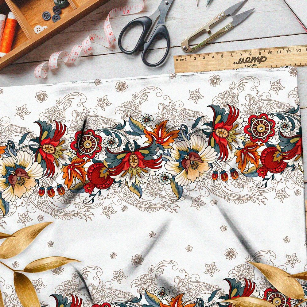 Ткань поплин цветная роспись на белом фоне